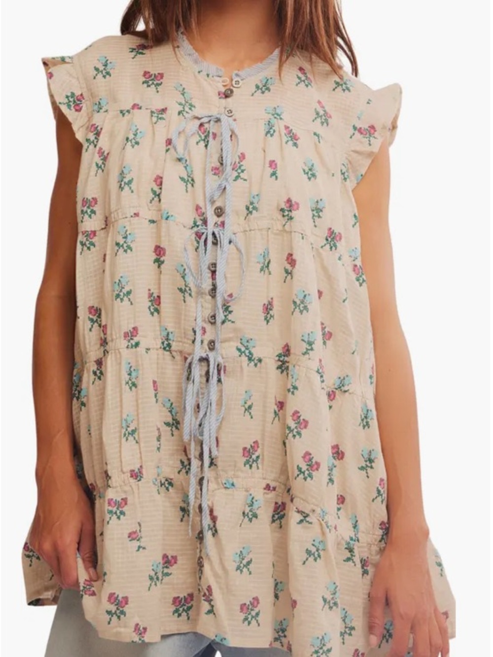 Free People Cream Floral Tiered Tunic with Pink & Green Accents